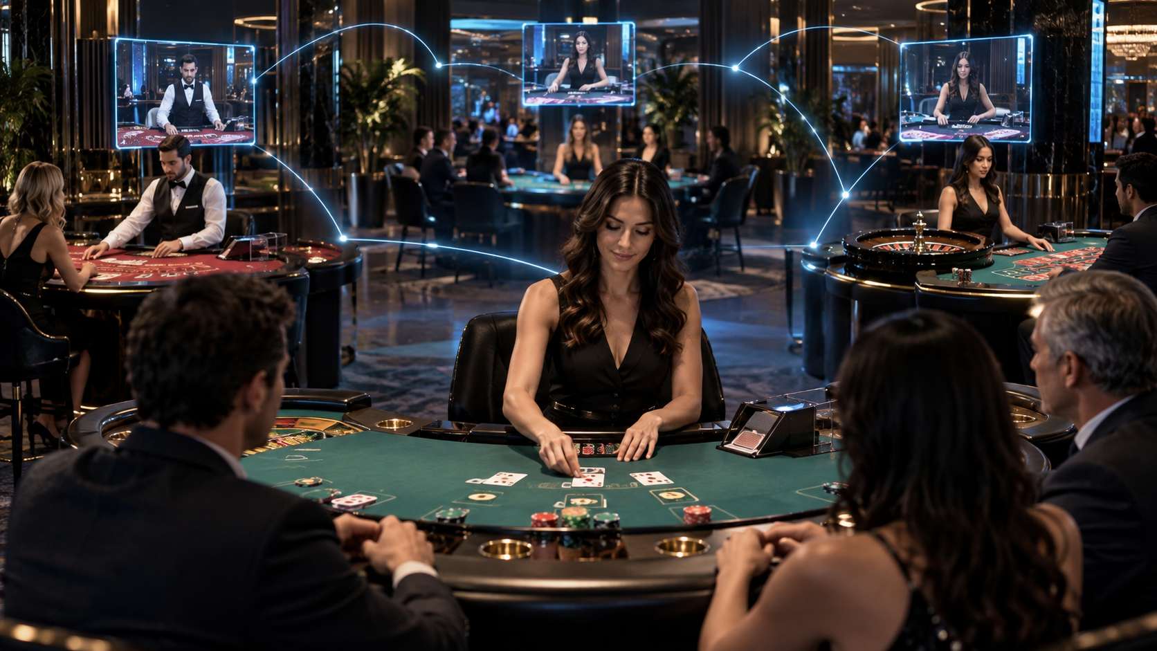 Editorial illustration of connected live table games and casino technology