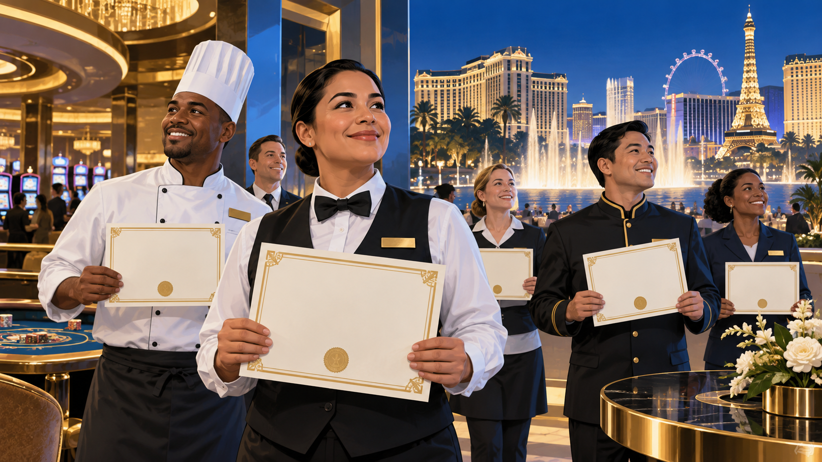 Editorial illustration of casino employees receiving an equity award